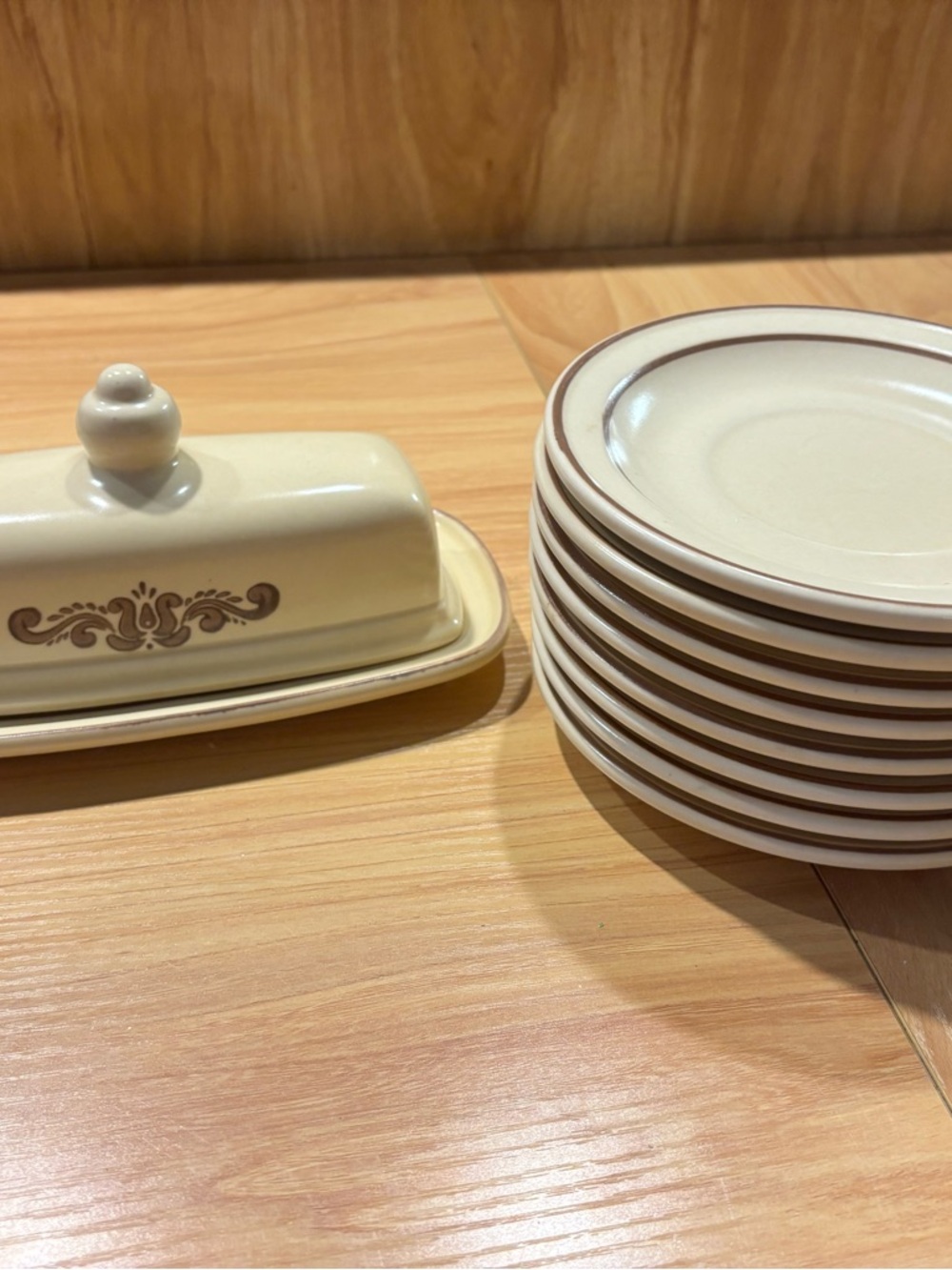 Pfaltzgraff Ceramic Butter Dish and Stack of Accent Plates - Brown Trim